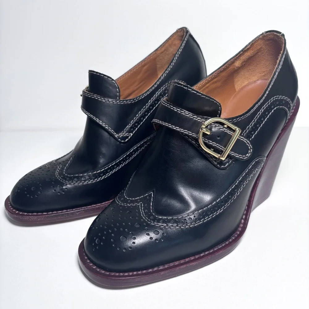 See by Chloe Black Leather Wedge Heel Brogue Oxford Loafer Shoes Size 36.5